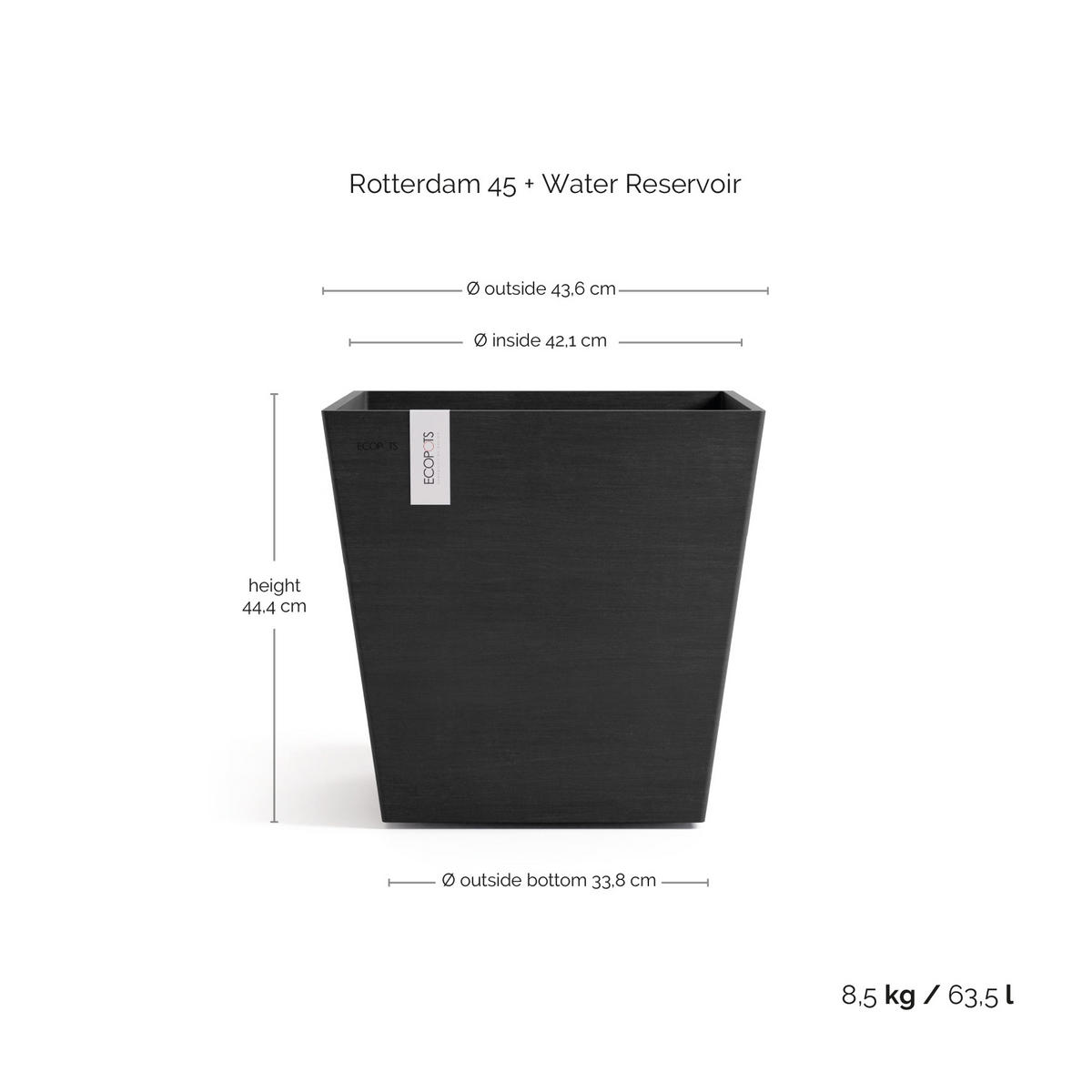 BLUMENTOPF mit Wasserreservoir Rotterdam 43,6/43,6/44,4 cm Dunkelgrau - Dunkelgrau, Kunststoff (43.6/44.4cm) - Ecopots