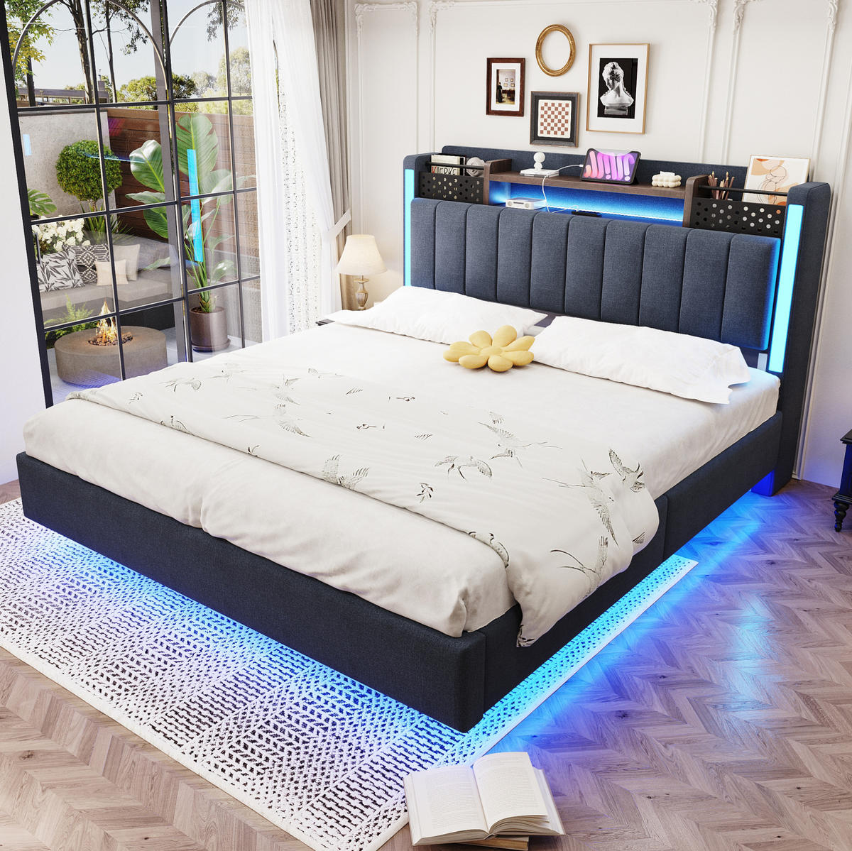 ČALOUNĚNÁ postel 140/200 cm šedá z lněné tkaniny s LED, USB a úložným čelem - šedá, textil (140/200cm) - OKWISH