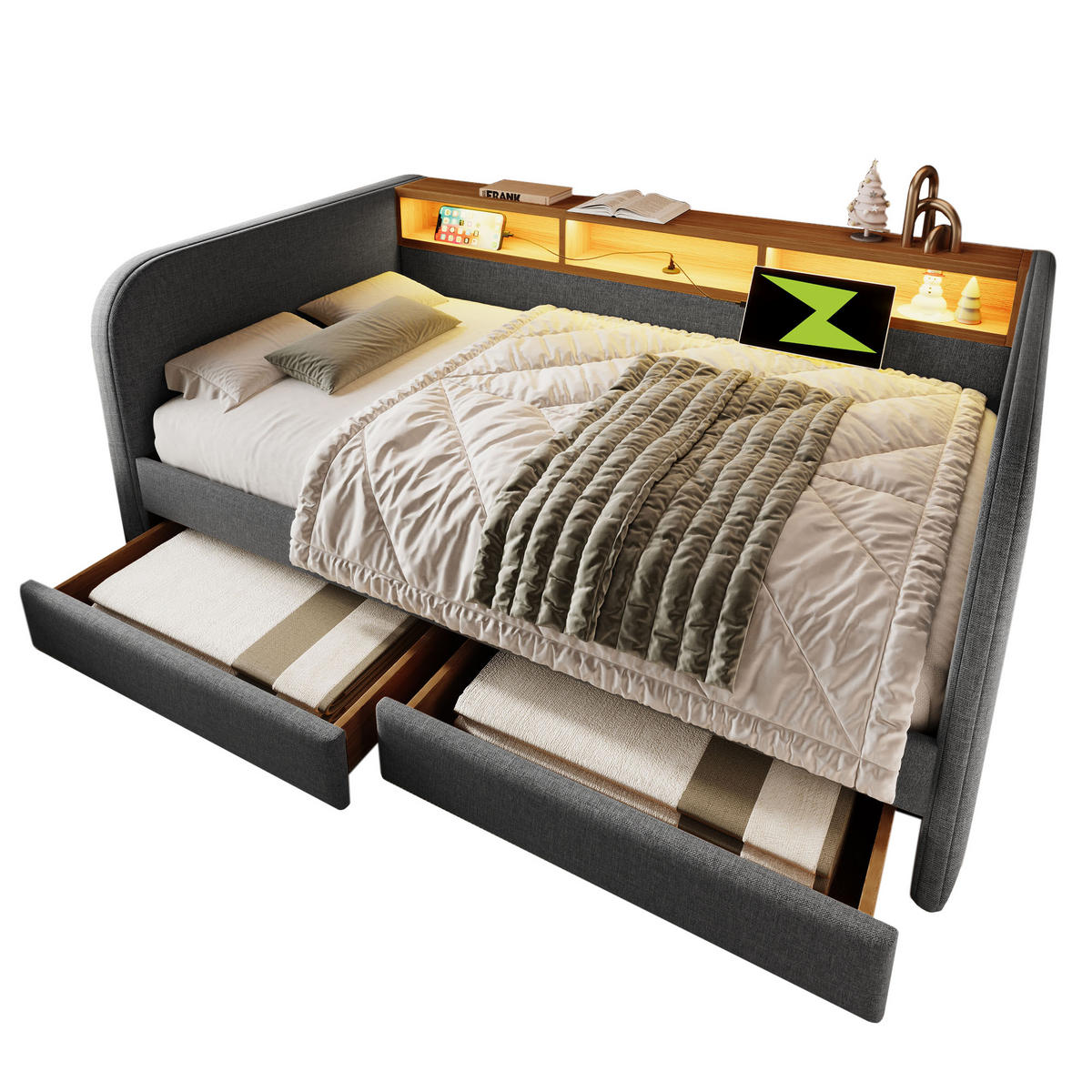 POLSTERBETT 140/190 cm Grau mit LED und USB-C-Ladefunktion - Grau, Textil (140/190cm) - OKWISH