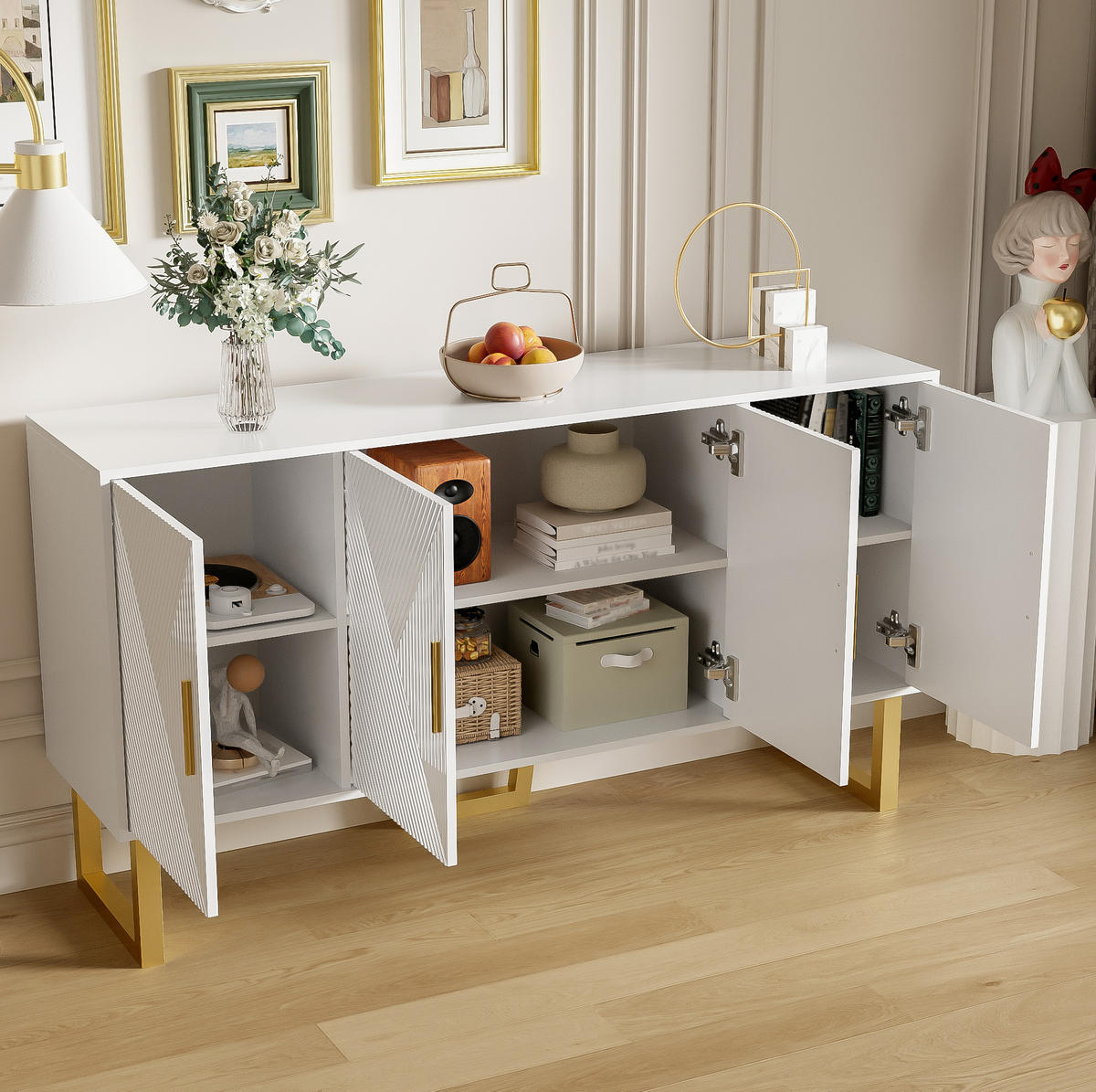 SIDEBOARD 150/40/82 cm in Weiß mit 4 Türen und höhenverstellbaren Regalen - Weiß, Holzwerkstoff (150/82/40cm) - Flora Grace