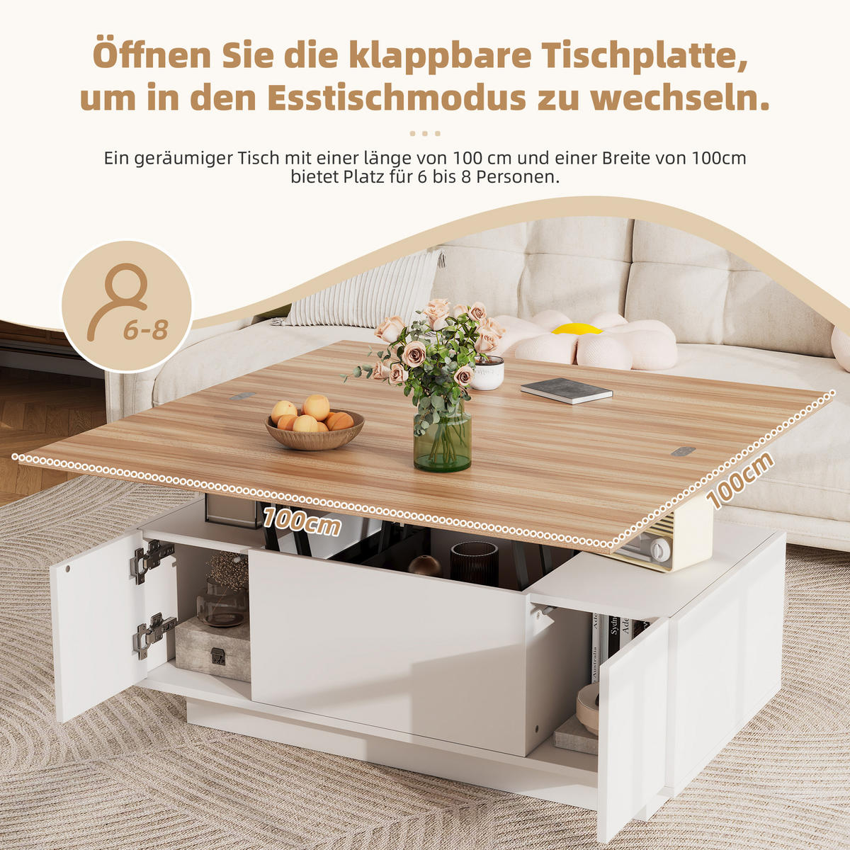 COUCHTISCH in Weiß+Naturfarben Couchtisch mit Doppel-Hebemechanismus, verstecktem Stauraum, B100/T50/H55,5 cm - Weiß, Holzwerkstoff (50/100/55.5cm) - STILVORA