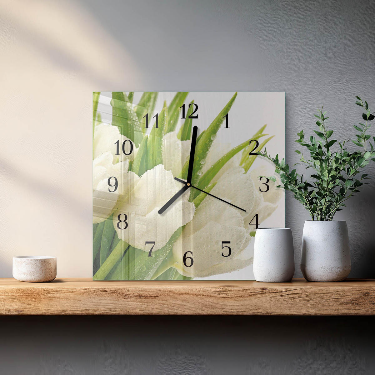 WANDUHR 30x30 cm - Tulpen - Weiß, Glas (30/30/0.4cm) - TULUP