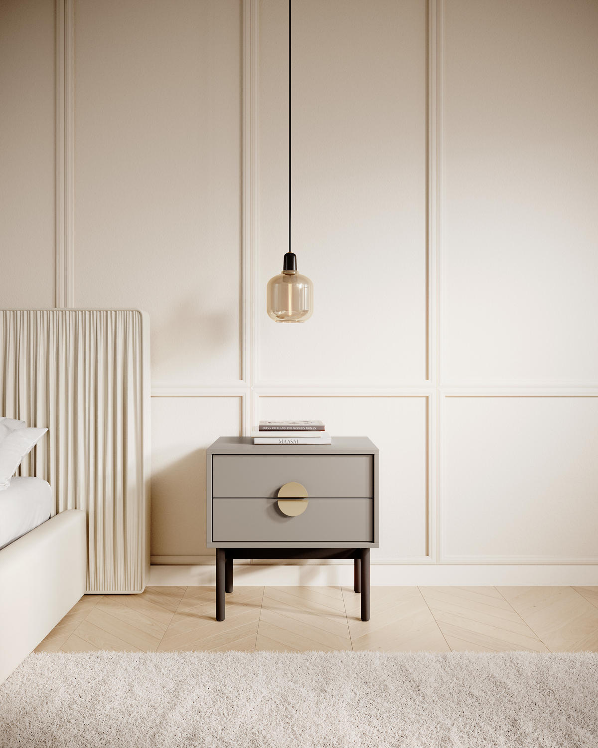 NACHTSCHRANK Stoon Steingrau 55 cm - Beige/Goldfarben, Holzwerkstoff/Metall (55/57/38cm) - Selsey