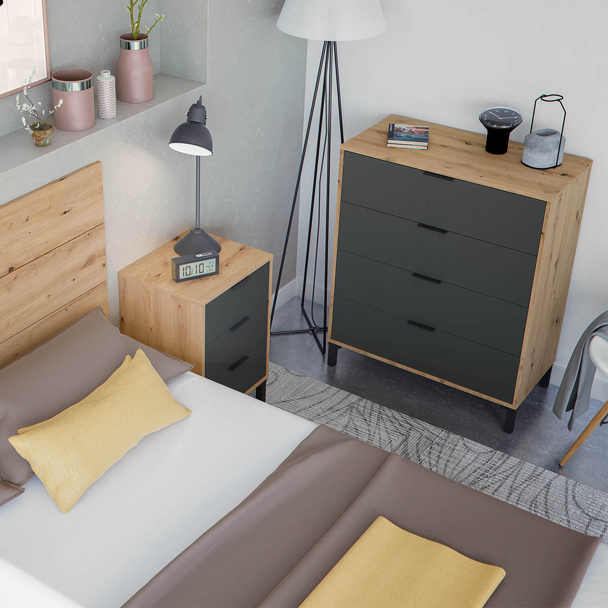 KOMMODE mit 4 Schubladen, Dekor Eiche und Anthrazitgrau - L77,5 cm - Apfelbaumfarben, Holzwerkstoff (40/93.5/77.5cm) - Calicosy