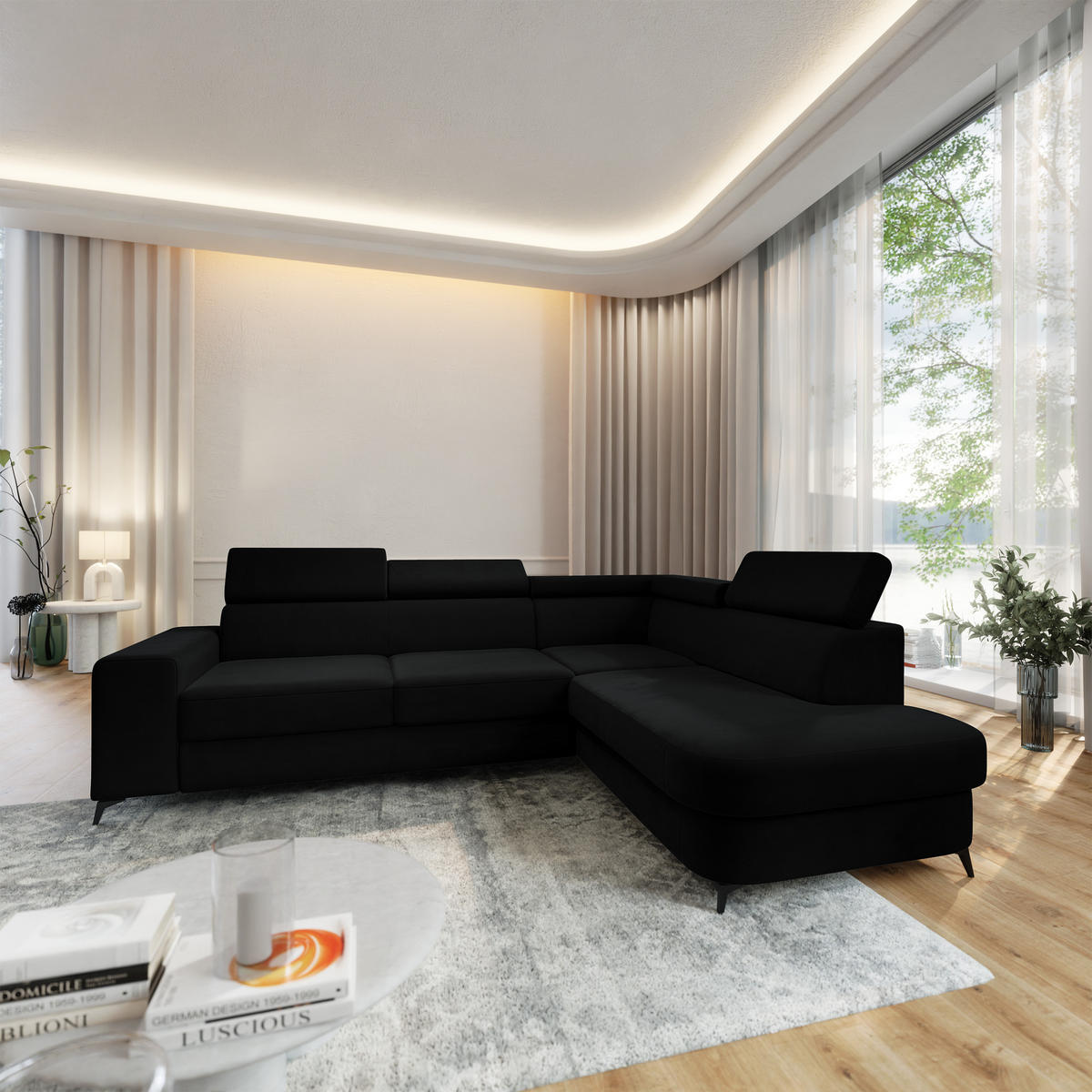 ECKSOFA ALVORO R-S Schwarz Velours-Stoff mit Schlaffunktion - Schwarz, Holz (253/190cm) - MASSENO