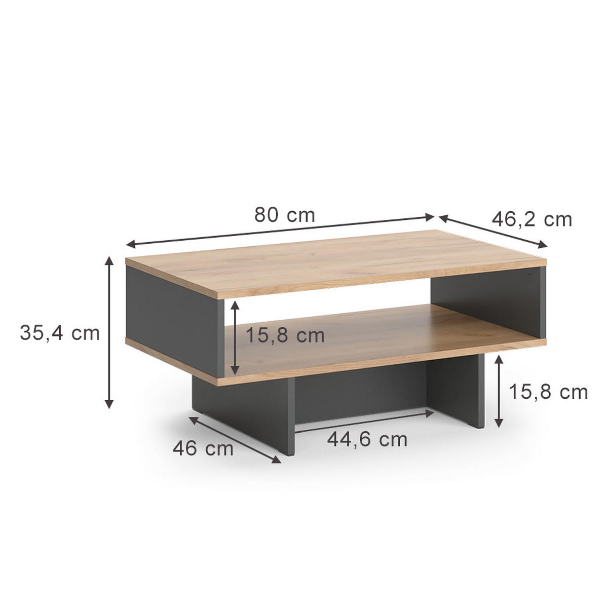 COUCHTISCH Josef Anthrazit/Goldkraft Eiche 80 x 46,2 cm mit 1 Regal - Honigeiche/Anthrazit, Holzwerkstoff (46.2/80/35.4cm) - Vicco