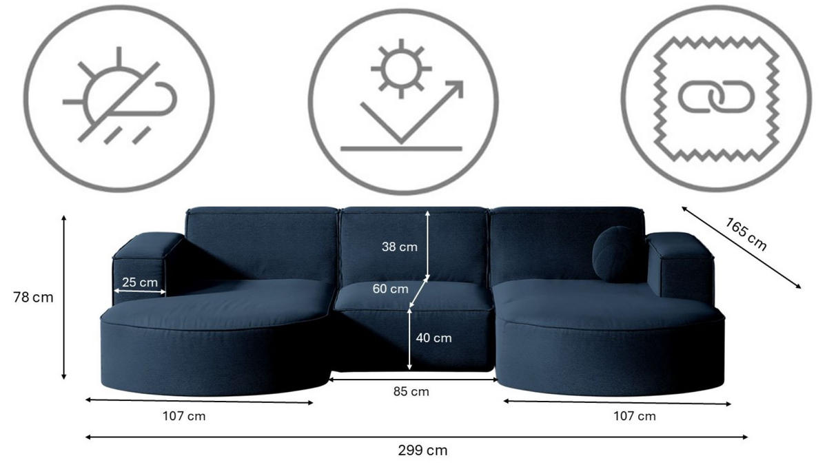 GARTENECKSOFA U-Form Garten Modena Studio Sofa-U Patio Marineblau - Blau, Holz/Textil (165/78/299cm) - Kaiser Möbel