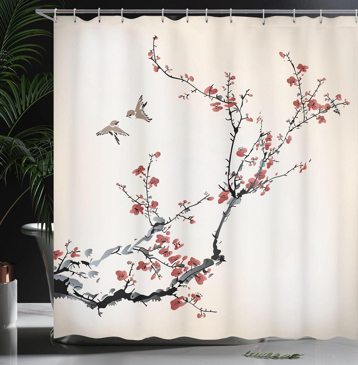 DUSCHVORHANG Vögel Stil Kunst Stoff Set Dekor Badezimmer mit Haken Schwarz Burgund - Multicolor, Textil (180/180cm) - MCBOSON