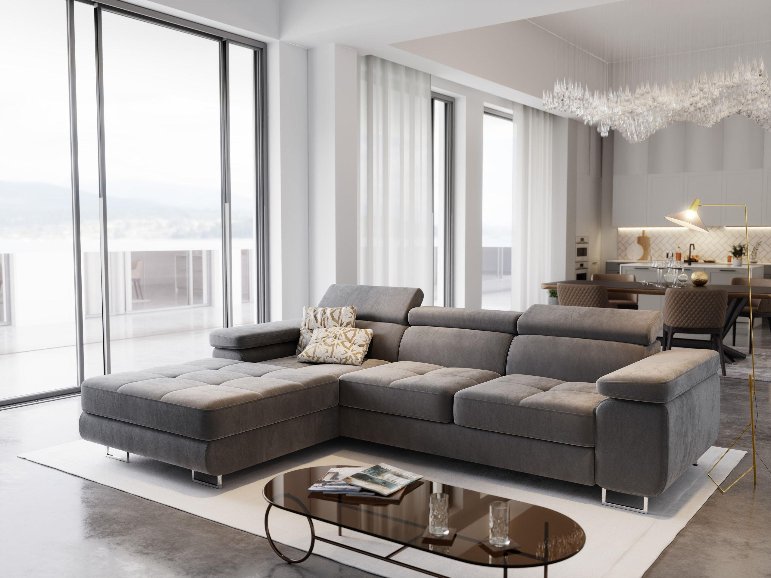 ECKSOFA ELMA L-S Grau Velours-Stoff mit Schlaffunktion - Grau, Holz (280/205cm) - MASSENO