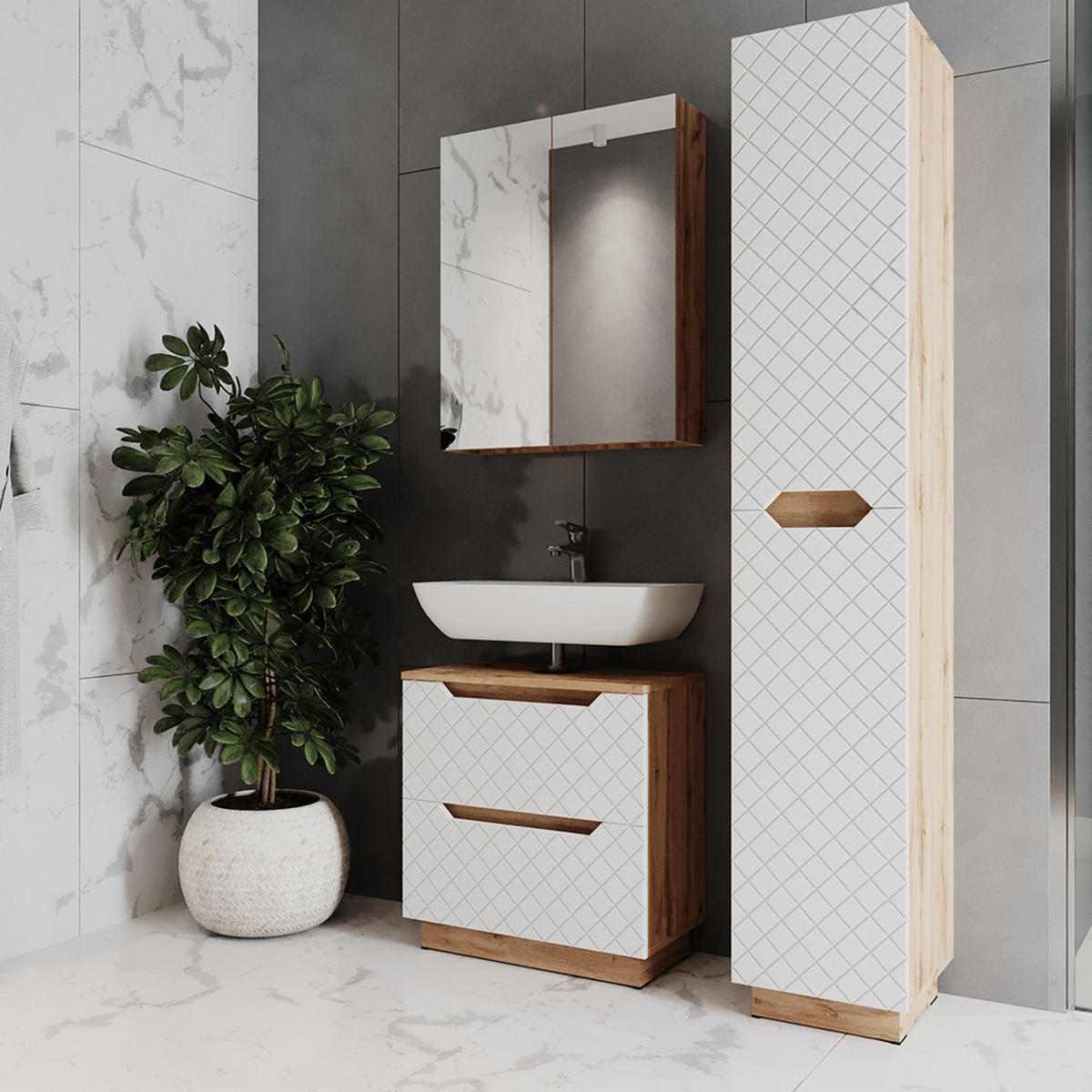 BADMÖBEL-SET Lotta Eiche/Weiß mit Kachelstruktur 3 Teile - Eichefarben/Weiß, Holzwerkstoff (59.8/62.5/32cm) - Vicco