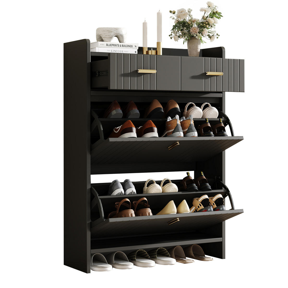 SCHUHKIPPER DE-37961 mit 2 Klappen und 1 Schublade Schwarz - Schwarz, Holzwerkstoff (75/108.5/24cm) - ComfortXL