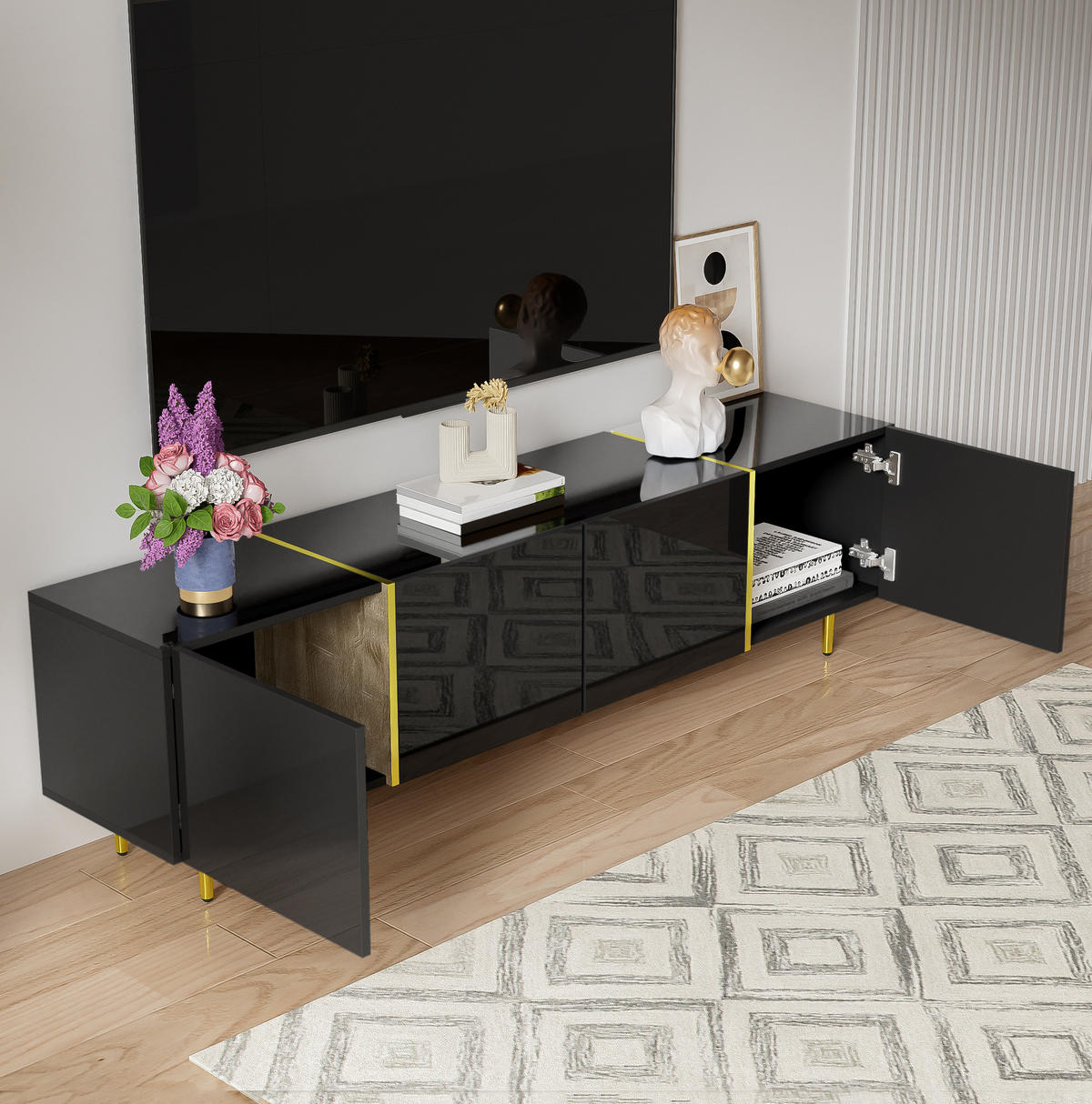 TV-LOWBOARD 170/35/46 cm in Schwarz Hochglanz mit 4 Türen - Schwarz, Holzwerkstoff (170/46/35cm) - Flora Grace