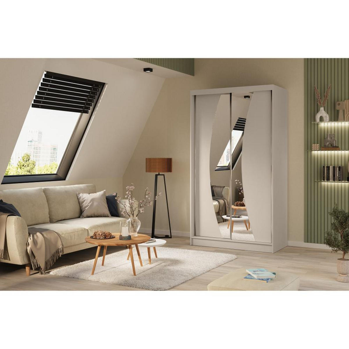 SCHWEBETÜRENSCHRANK Vox 120/216/61 kaschmir mit Spiegel und Schubladeneinsätze - Kaschmir, Holzwerkstoff (120/216/61cm) - Beautysofa