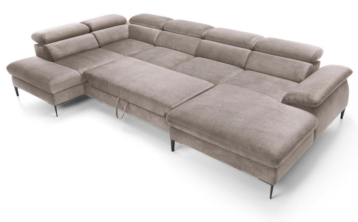ECKSOFA U-Form 350 cm Amaro M mit Schlaffunktion, Rechts, Dunkelbeige - Cappuccino, Holz (353/214cm) - Emporius