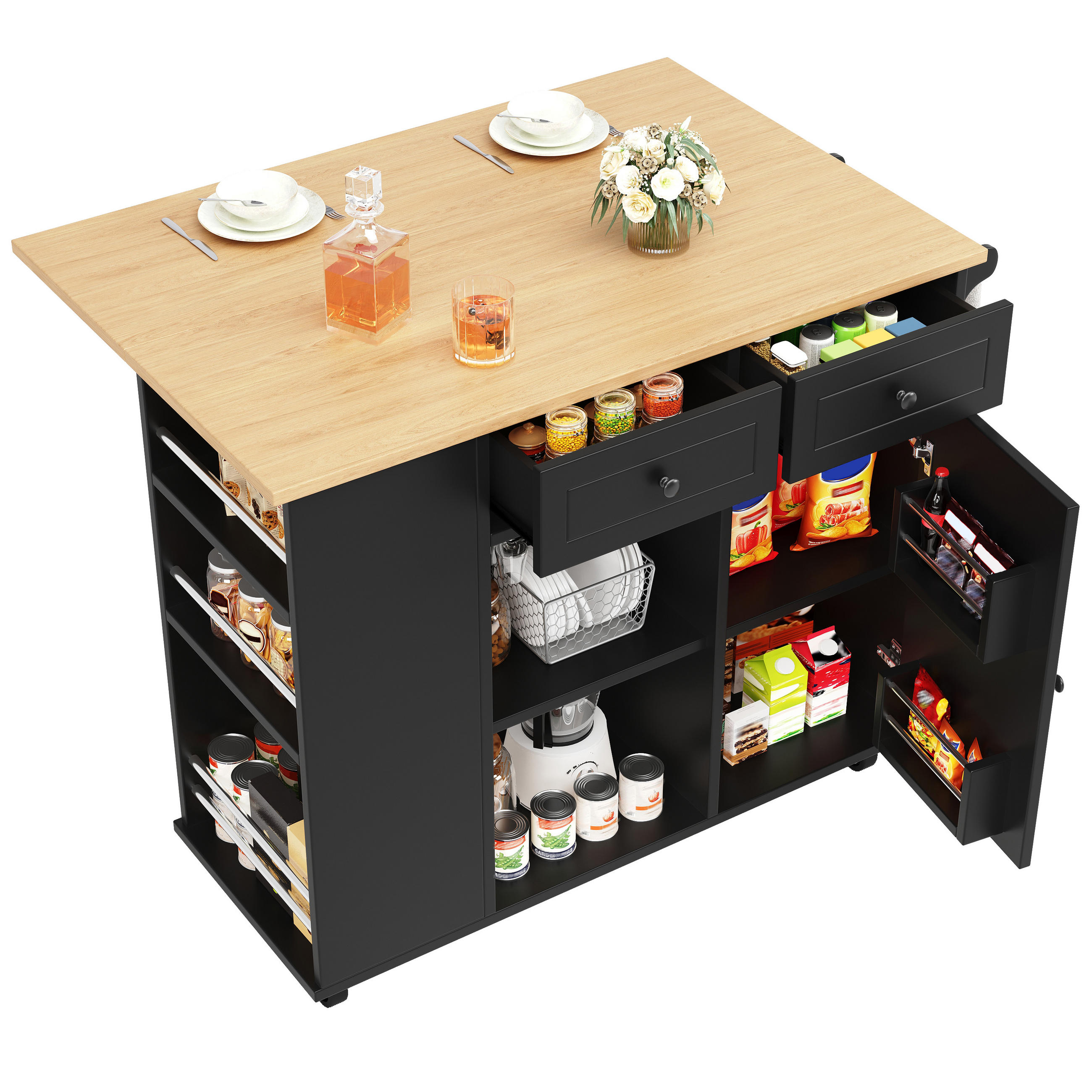 KÜCHENINSEL Schwarz Holzoptik mit Snackfach & Glashalter - Schwarz, Holz (42/91.5/120cm) - SHOPENTRA