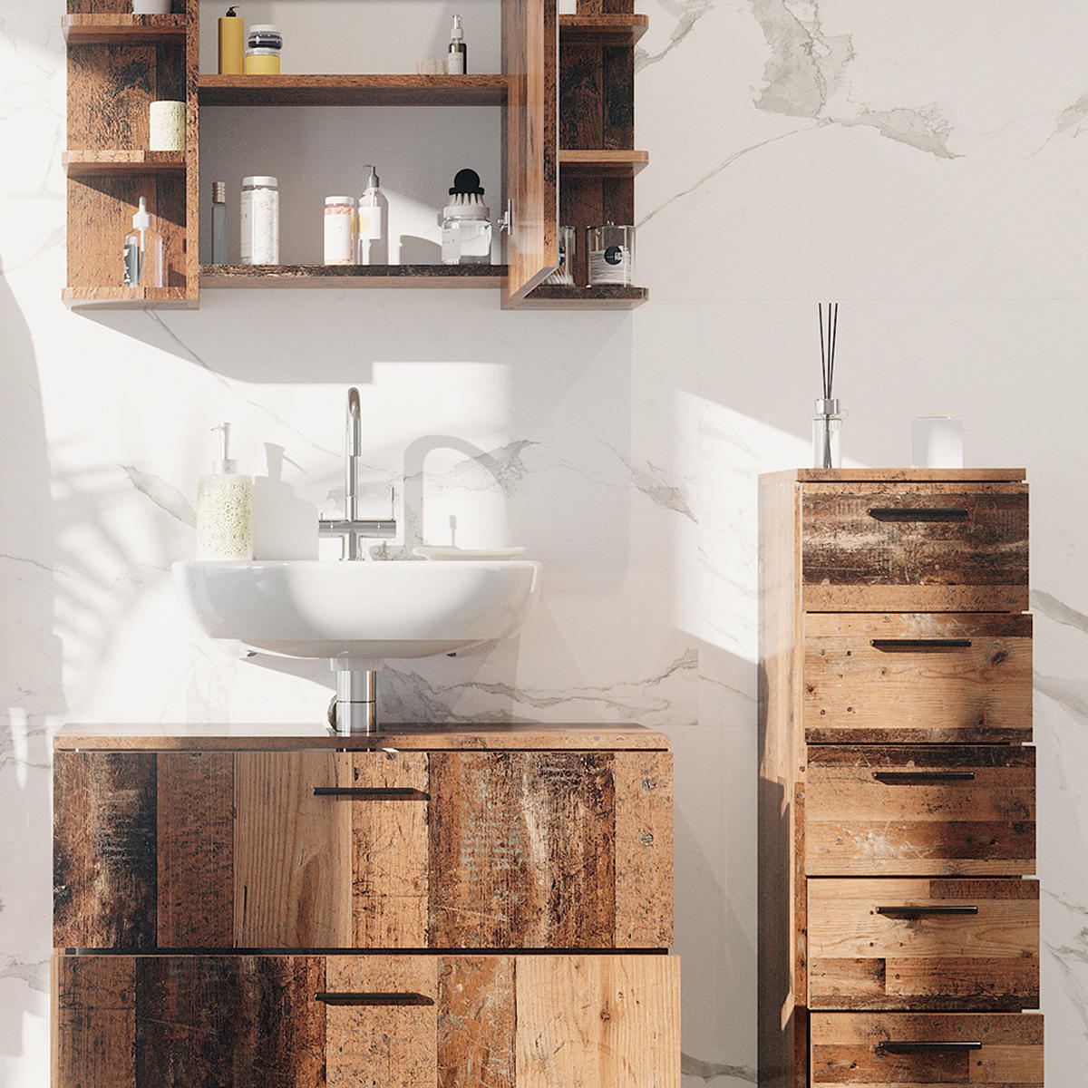 BADMÖBEL-SET Ilias Eiche rustikal 3 Teile, mit Unterschrank 80 cm - Wildeiche, Holzwerkstoff (80/60/33cm) - Vicco