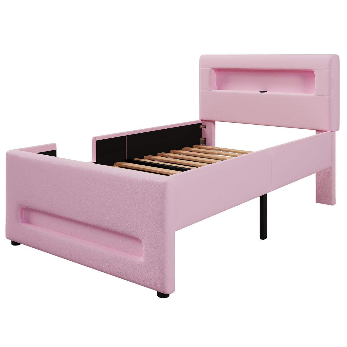PLATTFORMBETT 90x200cm, Treppe, Schubladen, LED, USB, Taschen, Rosa - Rosa, Holzwerkstoff (90/200cm)