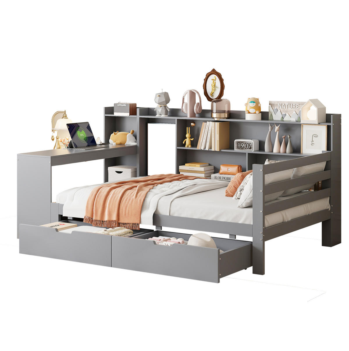 BETT aus 90x200 cm Grau mit Schreibtisch, Regalen, USB-Anschluss und 2 Schubladen - Grau, Holzwerkstoff (90/200cm) - Modfu