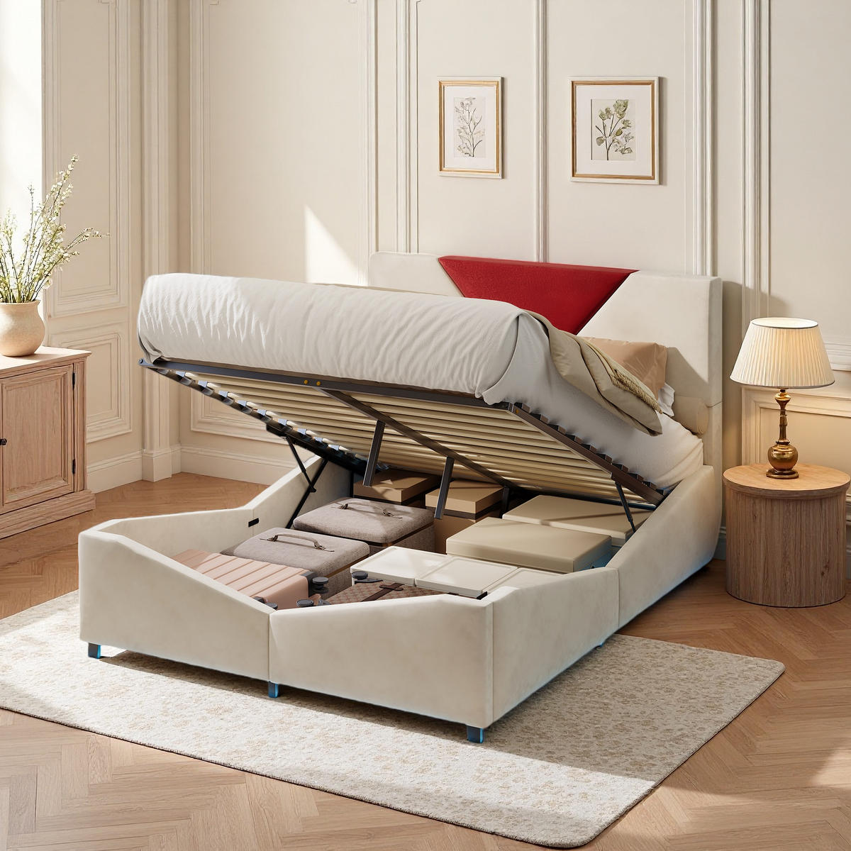 POLSTERBETT 140x200 cm LED Stauraum Holz Lattenrost beige - Beige, Holz (140/200cm) - LEBENLANG