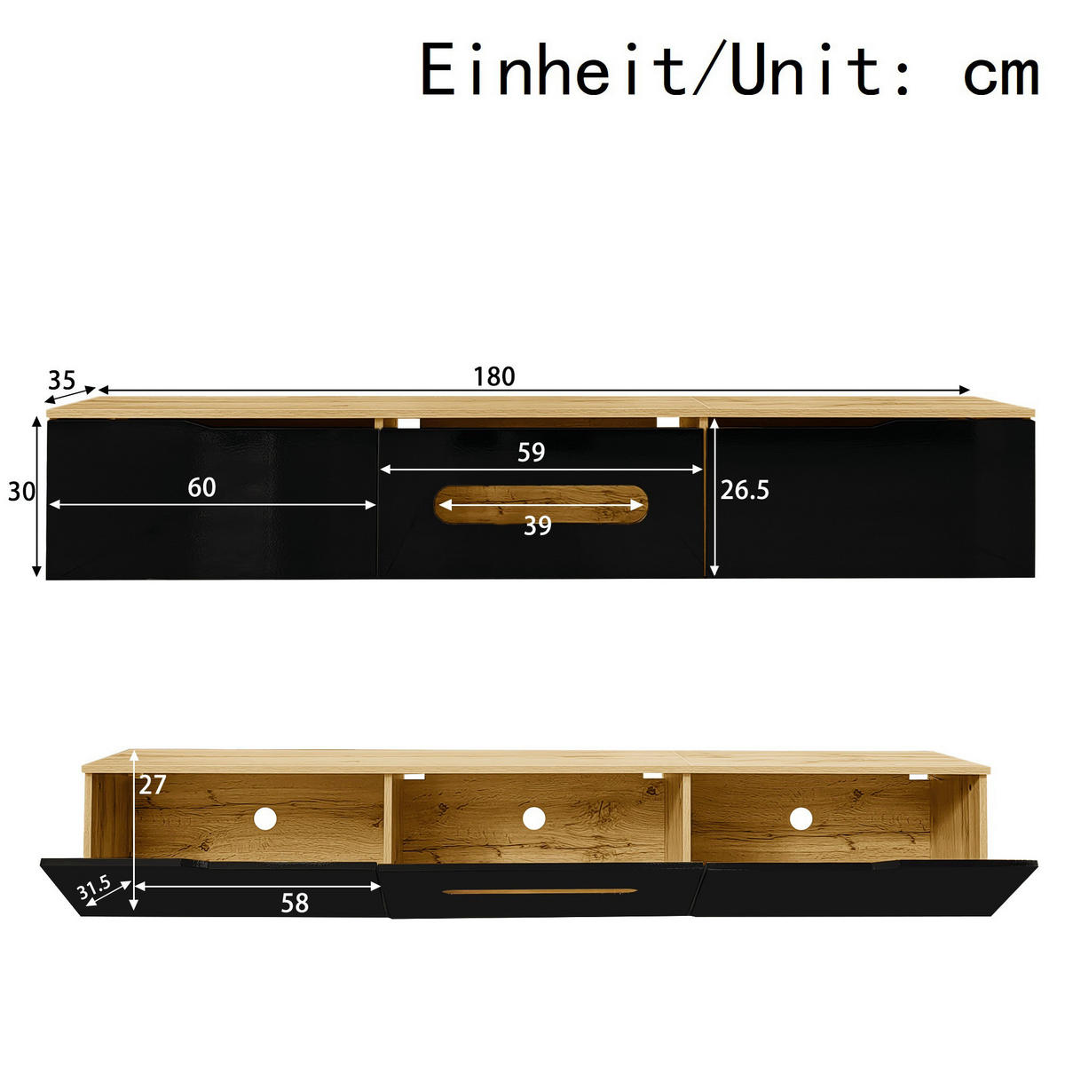 TV-SCHRANK Hochglanz in Schwarz und Holzfarbe 180/35/30 cm - Schwarz, Holzwerkstoff (180/30/35cm) - Redom
