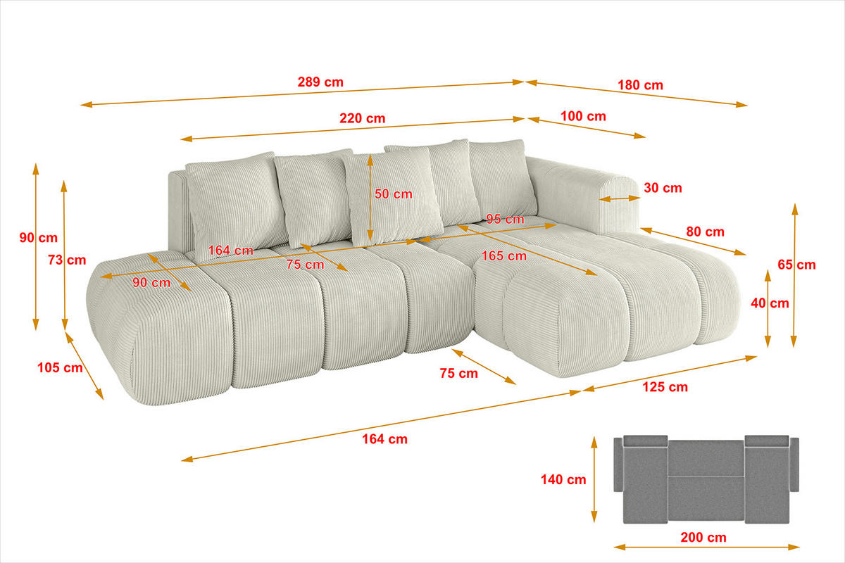 ECKSOFA Ottomane Rechts CLOUD-L-v1 289x180x40 Grau Cord - Grau, Holzwerkstoff/Kunststoff (289/180cm) - ALTDECOR