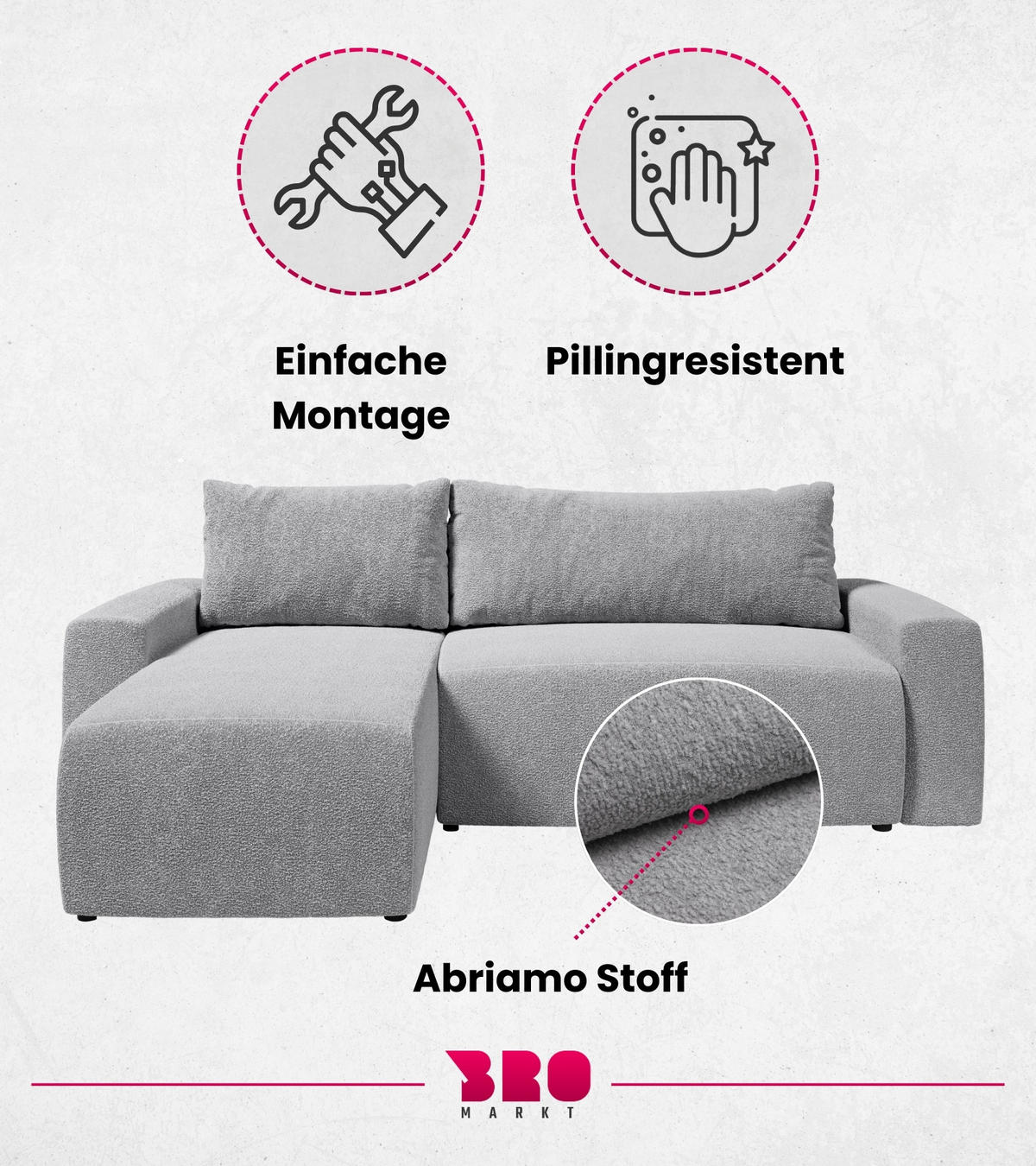 ECKSOFA PLUSH mit Schlaffunktion Grau Boucle - Hellgrau, Textil (240/145cm) - Bromarkt