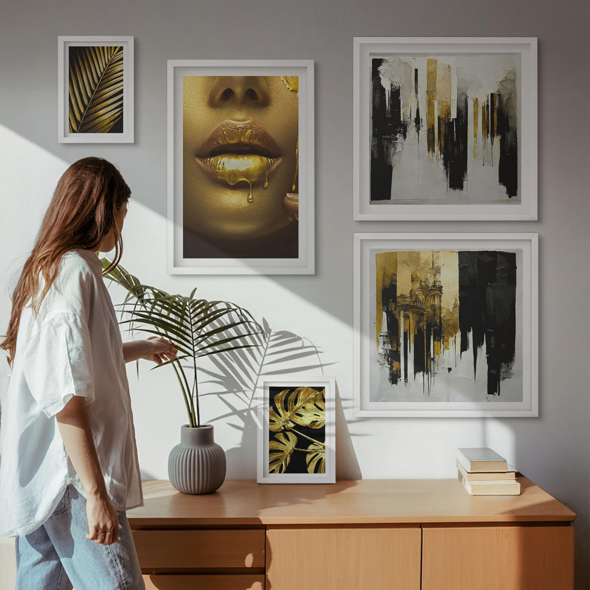 WANDBILDER 5er-Set - 50x50 cm & 20x30 cm & 40x60 cm Weißer Rahmen - Sonnenuntergangsbrücke Landschaft - Weiß, Kunststoff (40/60cm) - ArtPrintCave