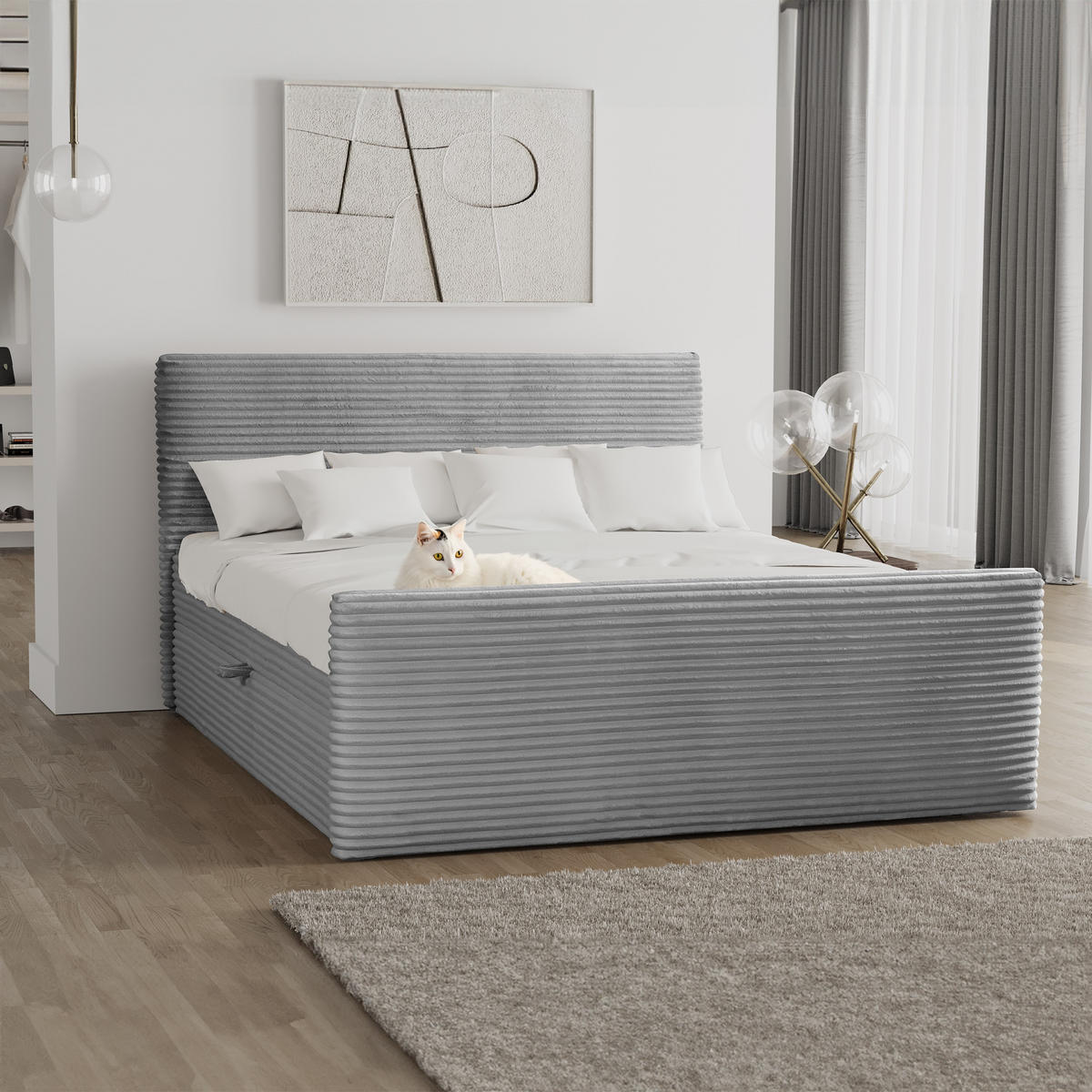 BOXBETT Mit Bettkasten Und Topper TRENTO Stoff Plüsch Cord 120x200 cm Hellgrau H3-Bonell - Hellgrau, Holz/Textil (120/200cm) - Kaiser Möbel