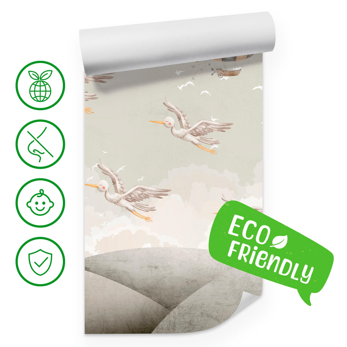 FOTOTAPETE für Kinderzimmer Boho Störche Aquarell Balon Luftschiff Himmel 450x315 - Beige/Weiß, Papier (450/315cm) - Muralo