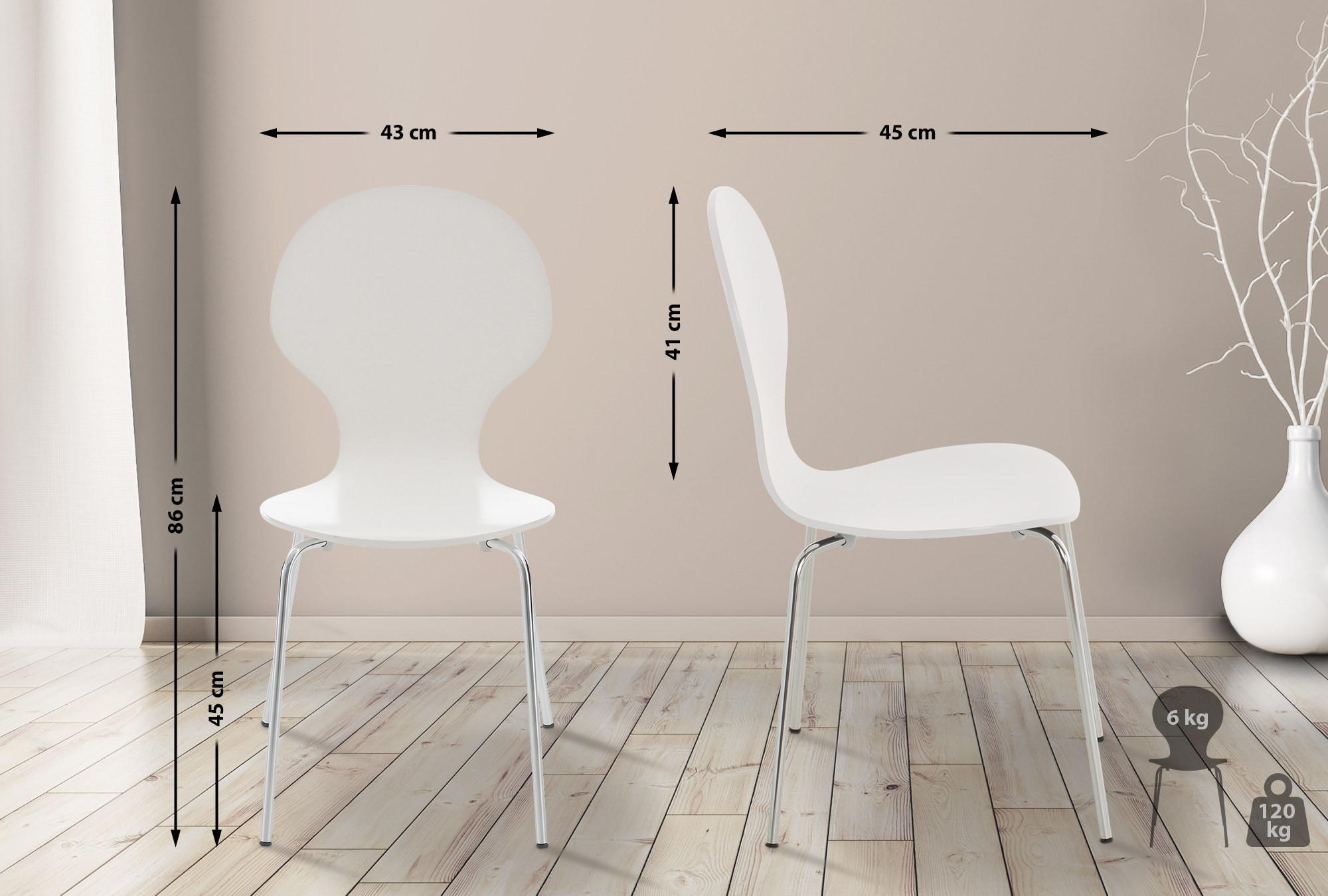 BESUCHERSTUHL 2er Set Holz weiß - Weiß, Holz/Metall (43/86/45cm) - CLP