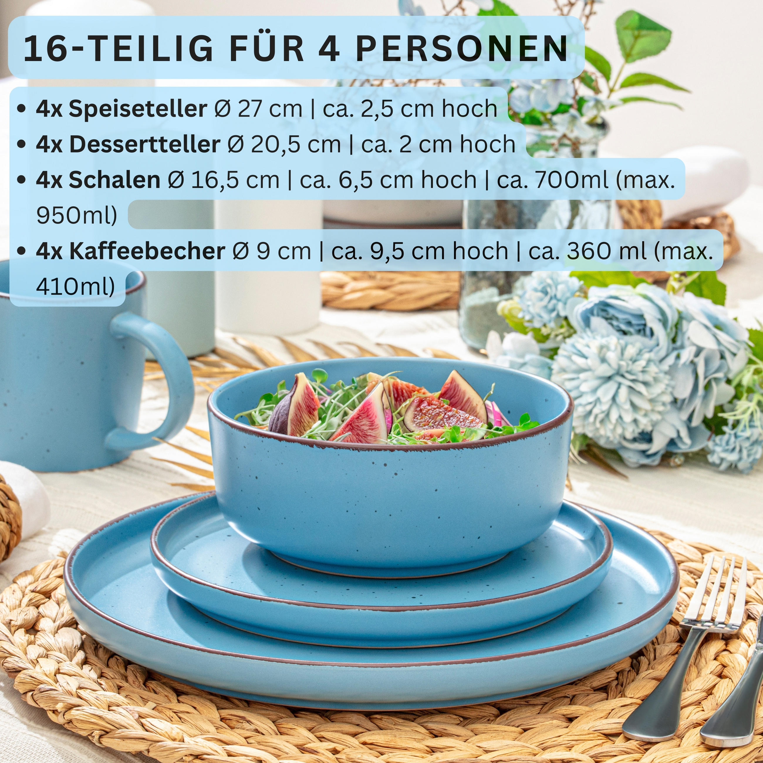 KOMBISERVICE BOMBAY SAPHIR - 16 teilig aus Steingut - Blau, Stein (50/30/80cm) - Sänger