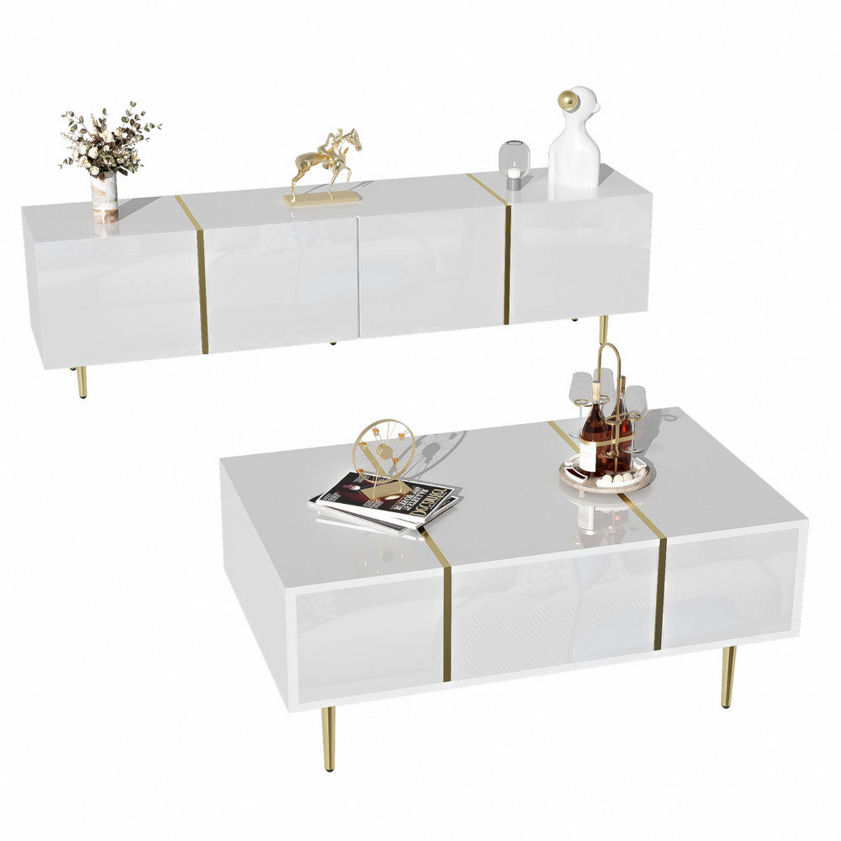 TV-SCHRANK SET Modern Hochglanzweiß mit Couchtisch - Weiß, Holz (69.6/14.99/112.4cm) - FLIEKS