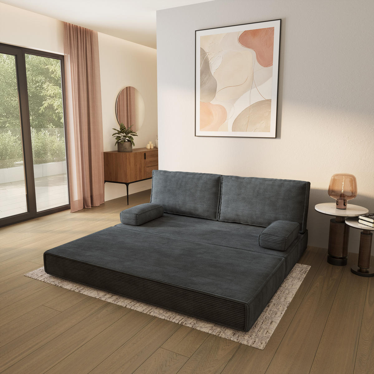 POHOVKA z pěny SILAR s funkcí spaní Manšestrová látka Grafitová - tmavě šedá/antracitová, textil (170/86/80cm) - MASSENO