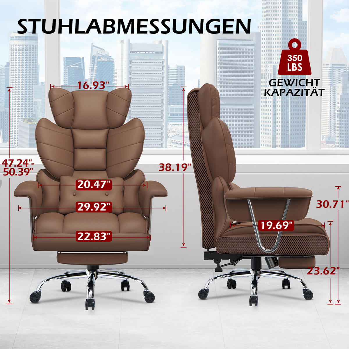 CHEFSESSEL ergonomisch, Leder, Fußstütze – Braun - Braun, Metall (58/128/50cm) - Rattantree