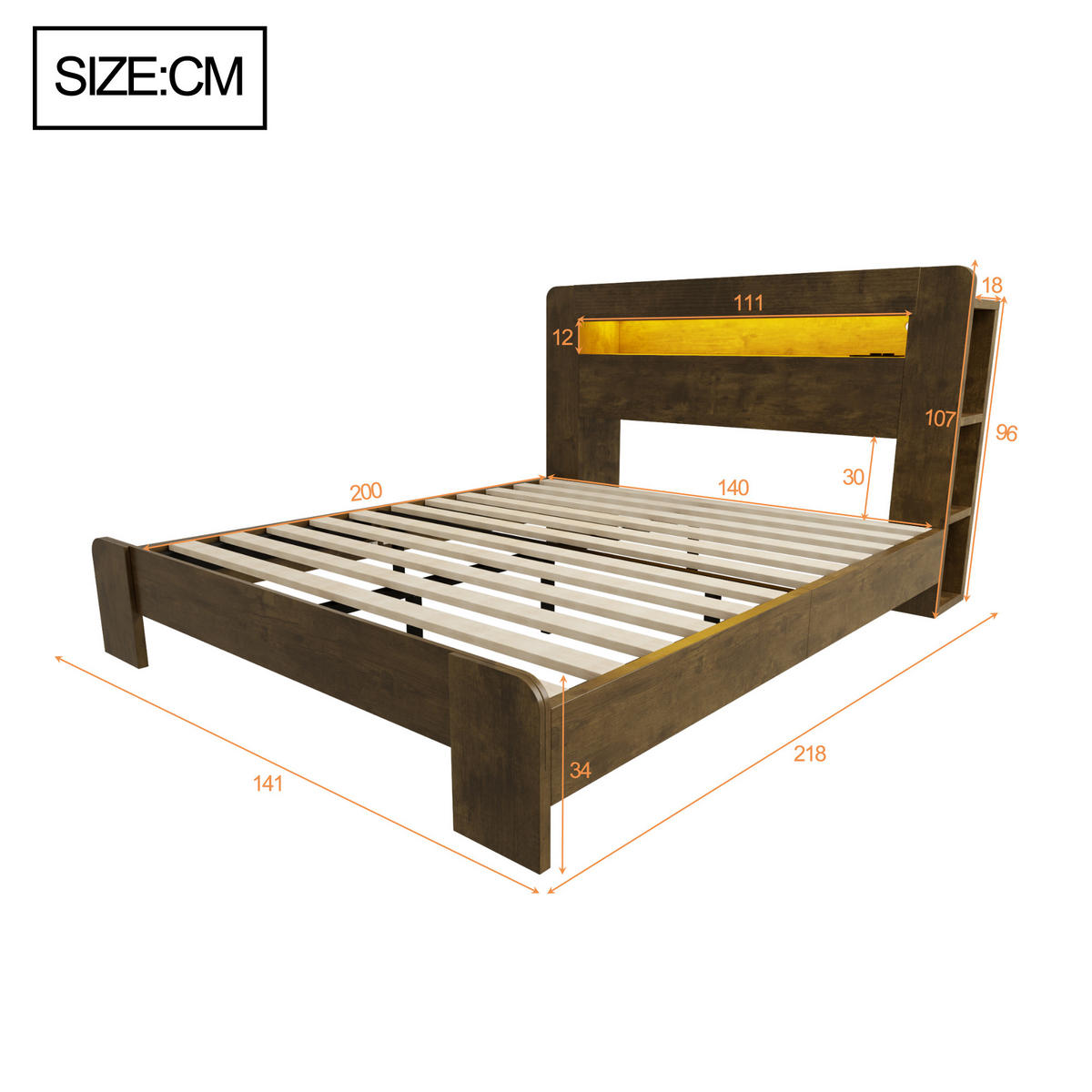 BETT 140/200 cm in Holz mit Stauraum, LED und Steckdosen - Nussbaumfarben, Holz/Holzwerkstoff (140/200cm) - WISHDOR