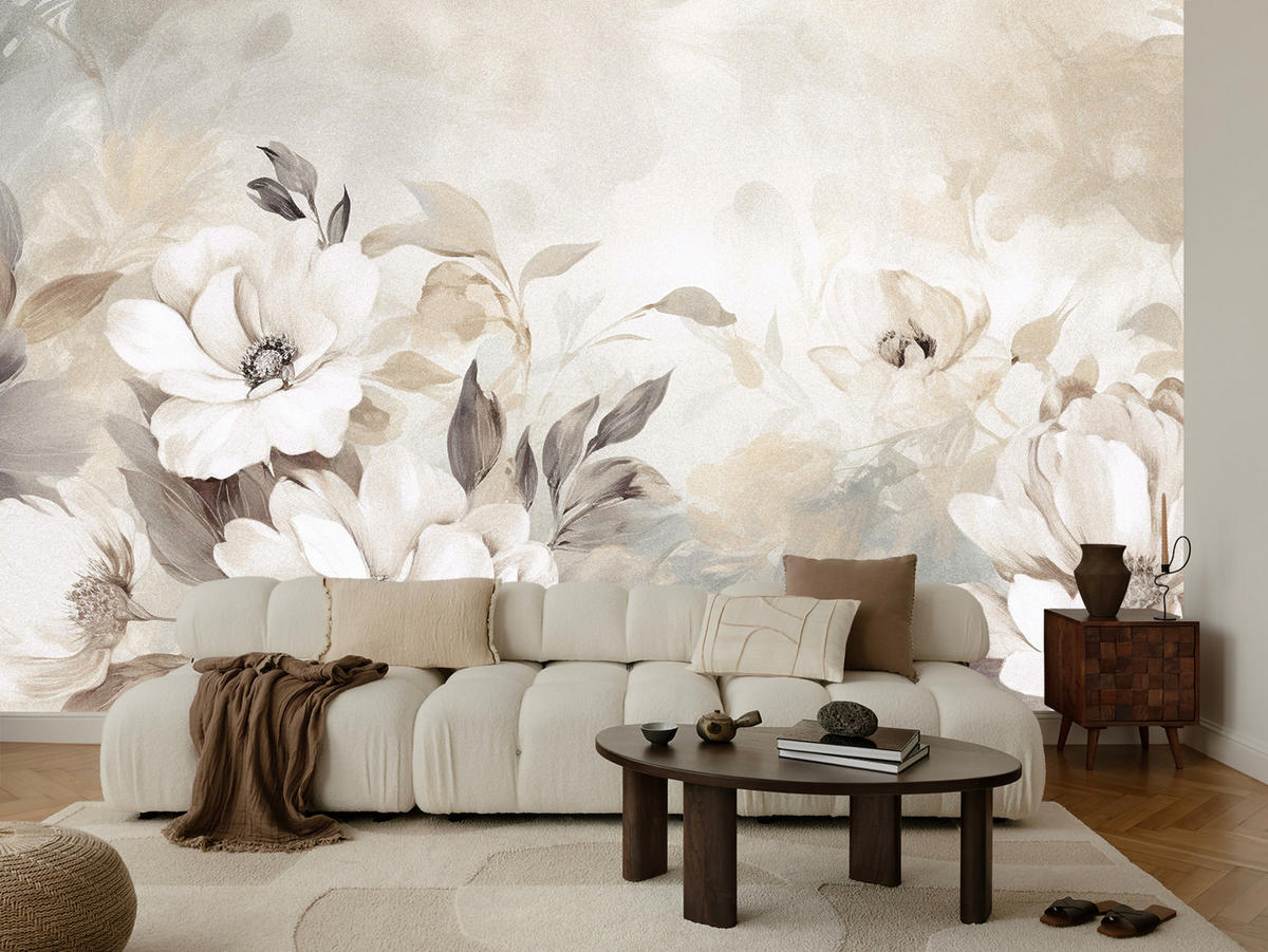 FOTOTAPETE für Schlafzimmer Abstrakte Creme Blumen Aquarell 350x256 - Beige/Braun, Papier (350/256cm) - Muralo