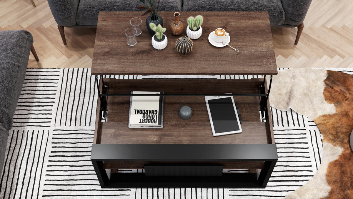 COUCHTISCH rechteckig Eiche dunkel Schwarz aufklappbar - Schwarz/Braun, Holzwerkstoff (60/110/45cm) - designimpex