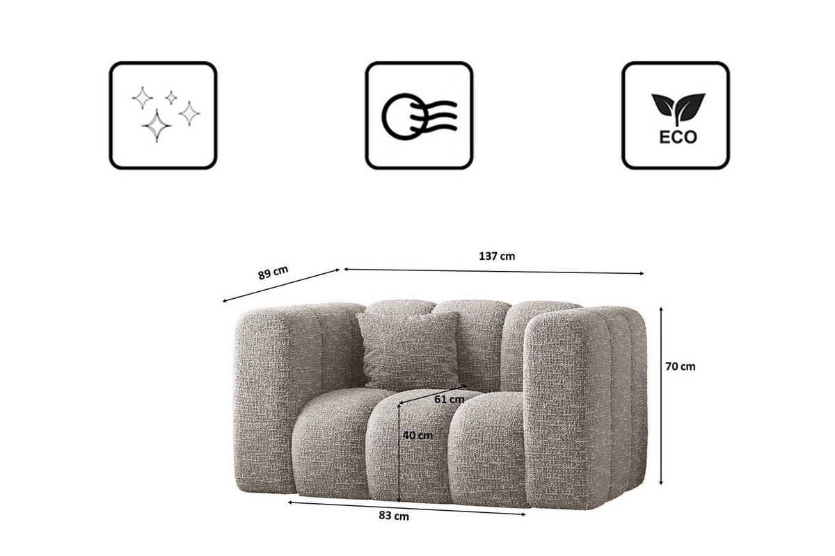 SESSEL Sofa Grand modular stoff Haga Hellgrau - Hellgrau, Holz (137/70/89cm) - Kaiser Möbel
