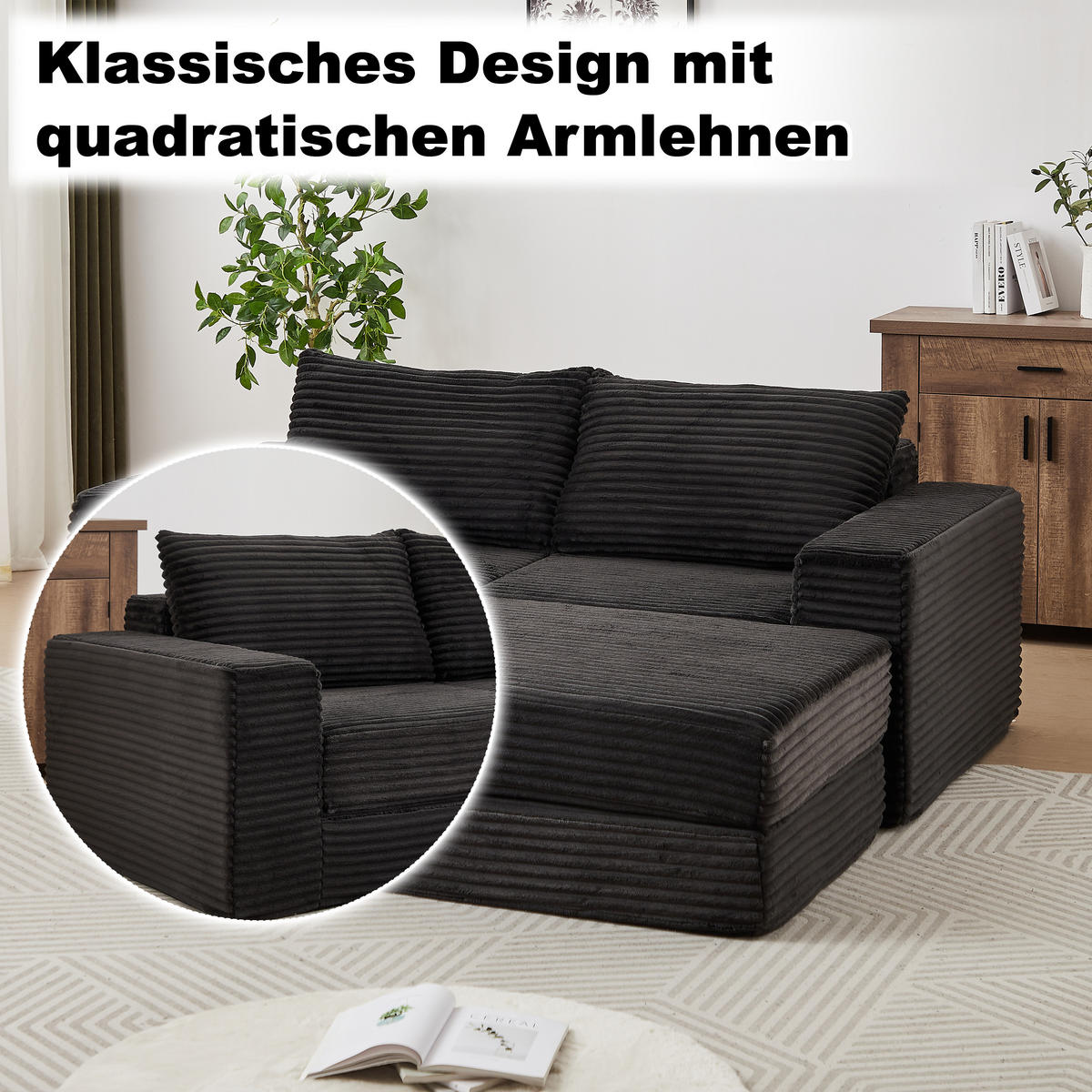 ECKSOFA DE-34544 2-in-1 mit Fußstütze und Kissen Schwarz - Schwarz, Textil (169.5/194cm) - ComfortXL