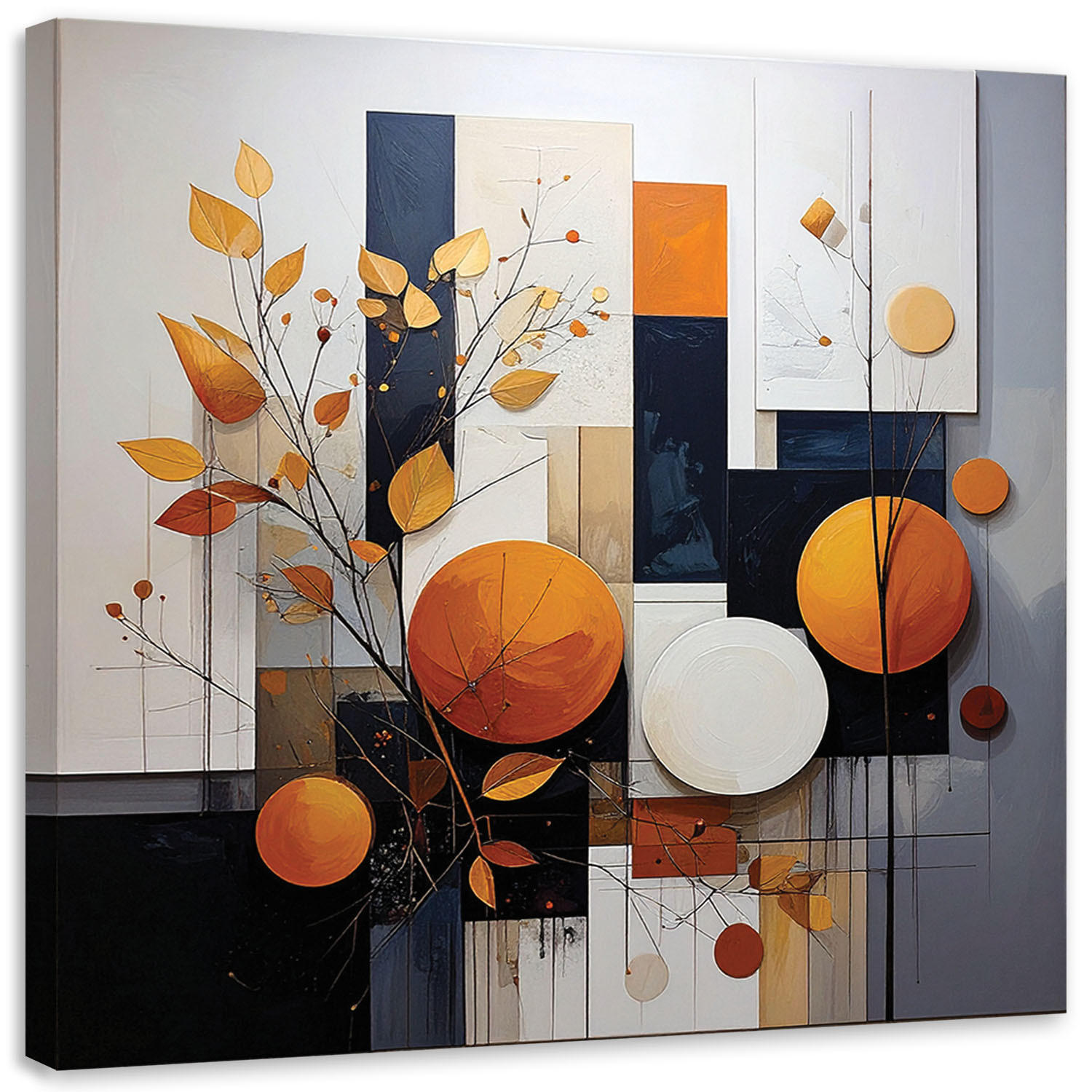 BILD auf Leinwand, Abstrakt Kreise Blätter beige orange - Orange, Textil (50/50cm) - Feeby