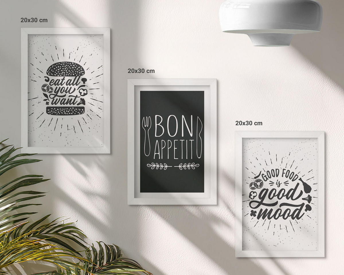 BILDER SET 3er Set - 20x30 cm Weißer Rahmen - Grafiken, Lebensmittel, kulinarische Slogans - Weiß, Kunststoff (20/30cm) - TULUP