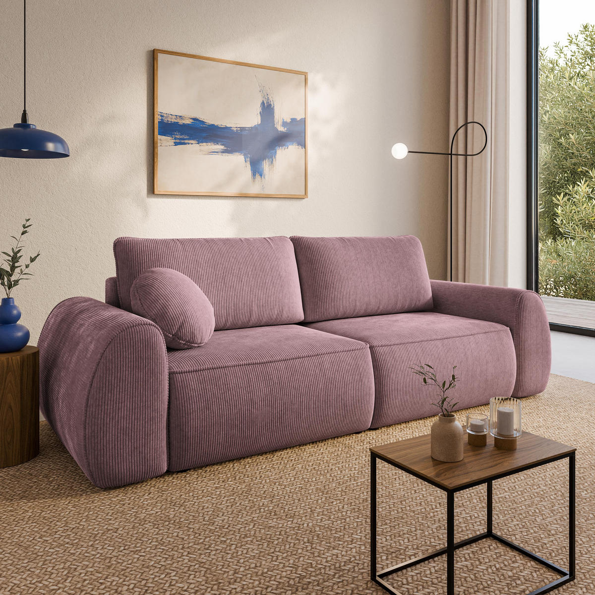 BETTSOFA ZEFEO Lila Kordstoff mit Schlaffunktion - Lila, Textil (264/96/106cm) - MASSENO