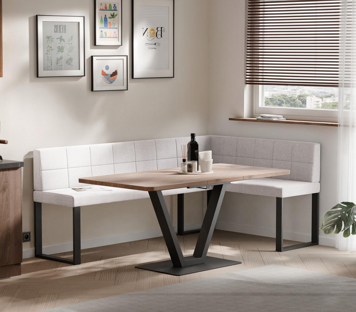 ECKBANK rechts SANA U Webstoff gesteppt, 128/168 cm Beige - Beige, Textil/Metall (128/168cm) - Idohome