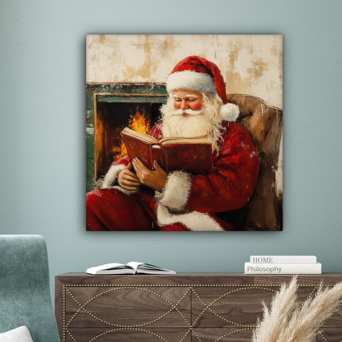 LEINWANDBILD Weihnachten - Weihnachtsmann - Winter - Open Fireside 90x90 cm - Dunkelrot, Textil (90/90cm) - MuchoWow