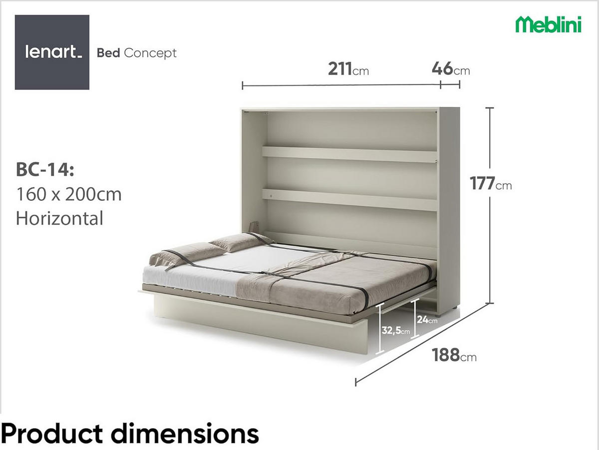 SCHRANKBETT BC-14 - 160x200cm Horizontal - Kaschmir mit Matratze - Kaschmir, Holzwerkstoff (200/160cm) - Meblini
