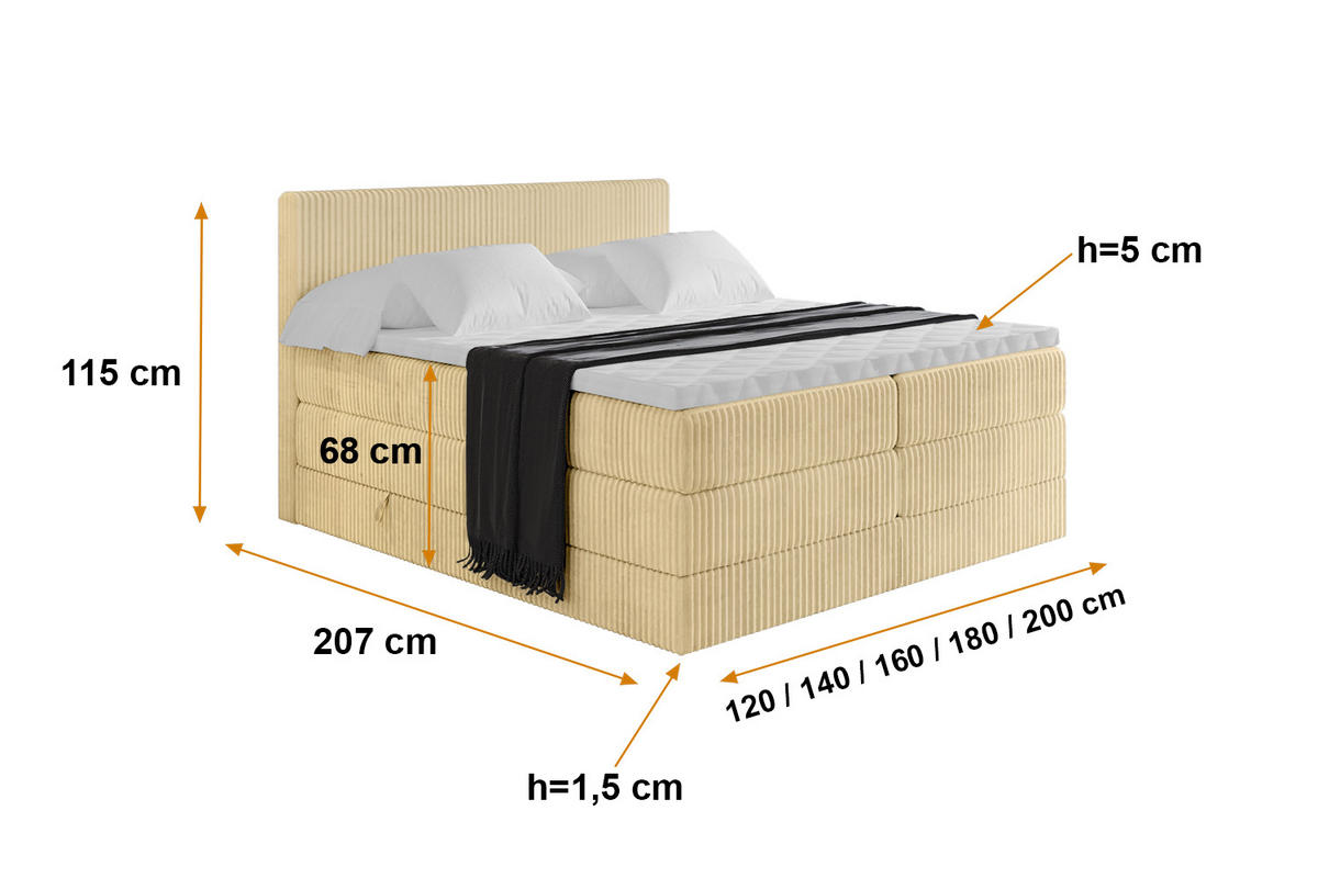 BOXSPRINGBETT mit Matratze H3|H4 und Lattenrost - TOLO KING 140x200 Cord - Ecru - Ecru, Holzwerkstoff (140/200cm) - ALTDECOR