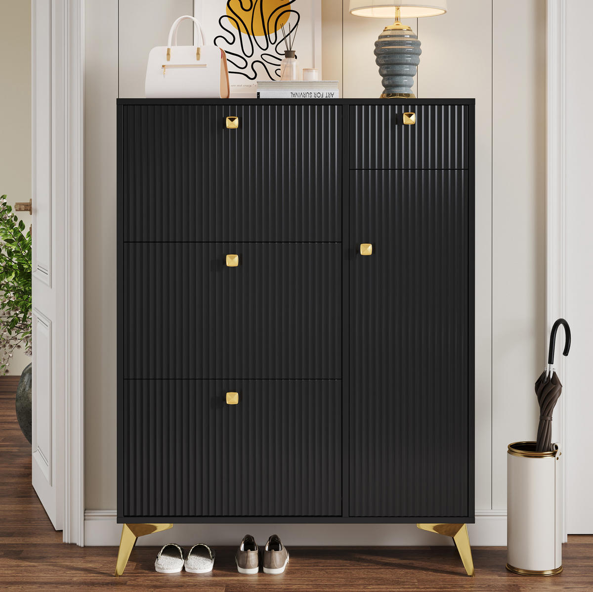 SCHUHSCHRANK mit 3 Klappen, 1 Schublade und 1 Tür 90 x 25 x 121 cm Schwarz - Schwarz, Holzwerkstoff (25/121/90cm) - Beauniv