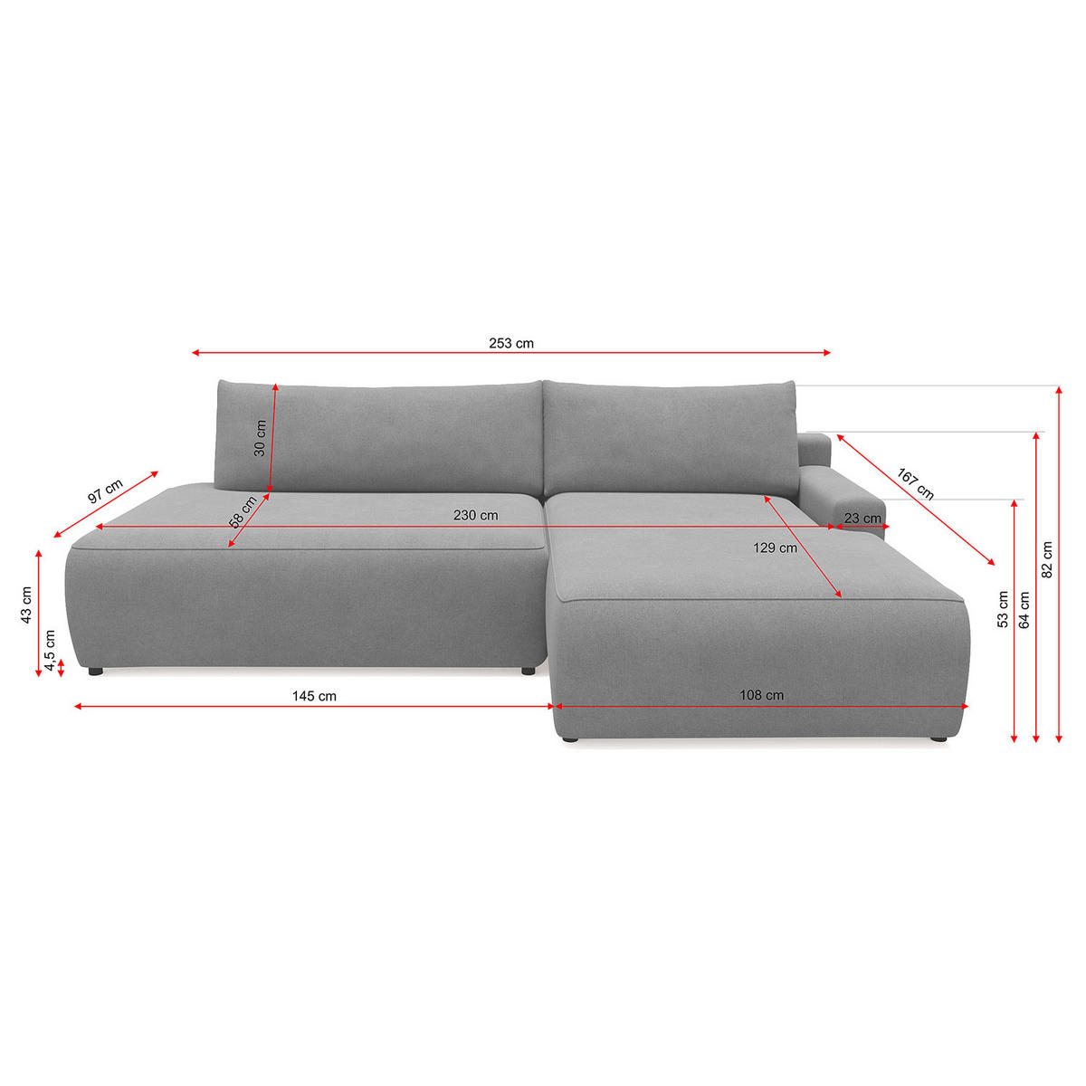 ECKSOFA mit Schlaffunktion - Longchair - Hellgrau/Schwarz, Kunststoff/Textil (253/167cm) - home24