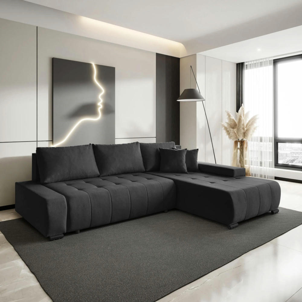 ECKSCHLAFSOFA Draco L Schwarz - Schwarz, Textil/Metall (268/183cm) - Beautysofa