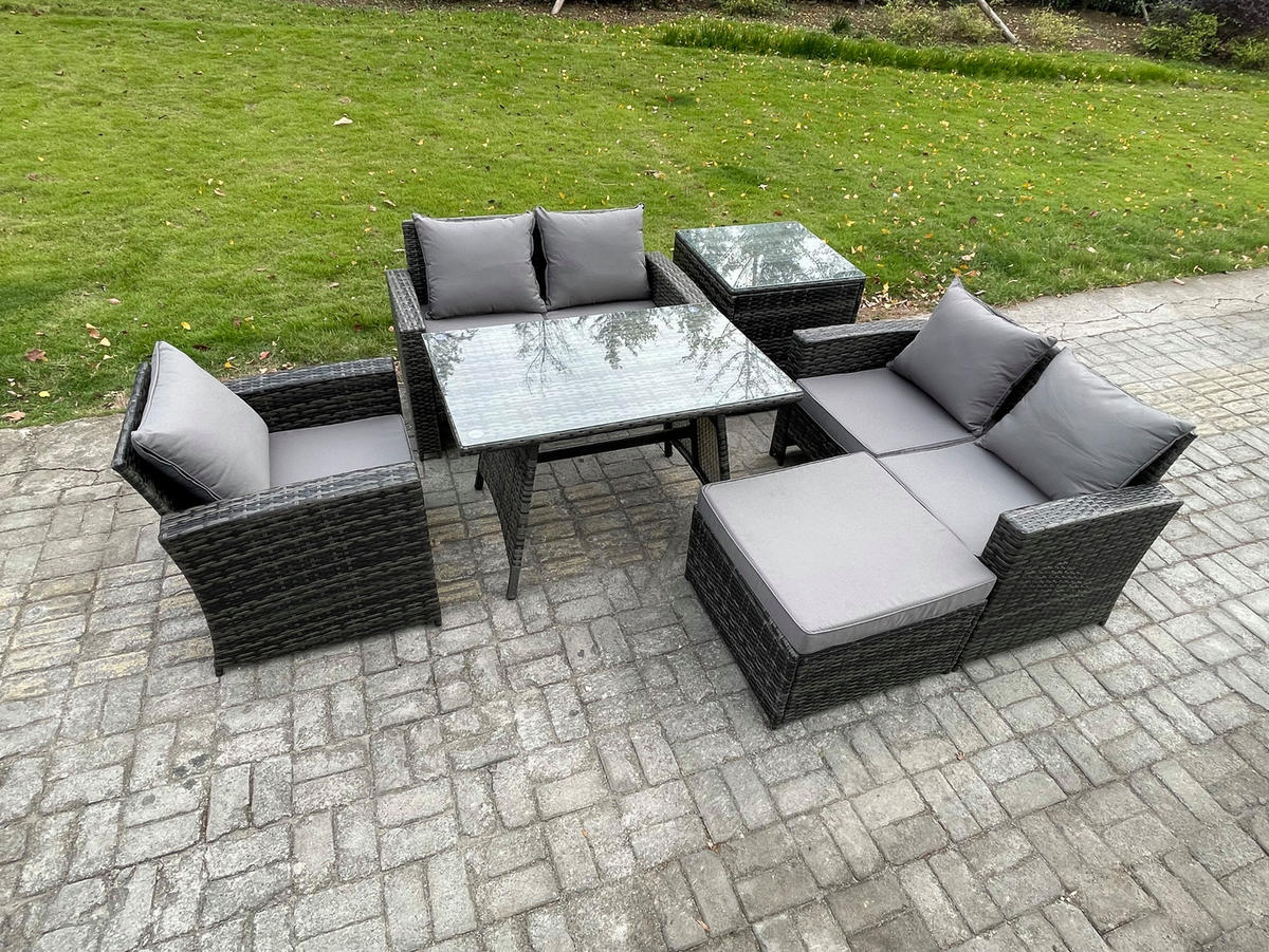 GARTENMÖBELSET mit ESSTISCH,HOCHLEHNER-SOFA Polyrattan Dunkelgrauer Mix 6-Sitzer - Dunkelgrau/Grau, Glas/Kunststoff - Fimous